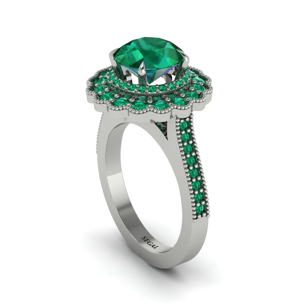 Emerald Double Halo Cathedral Engagement Ring - Deirdre No. 21