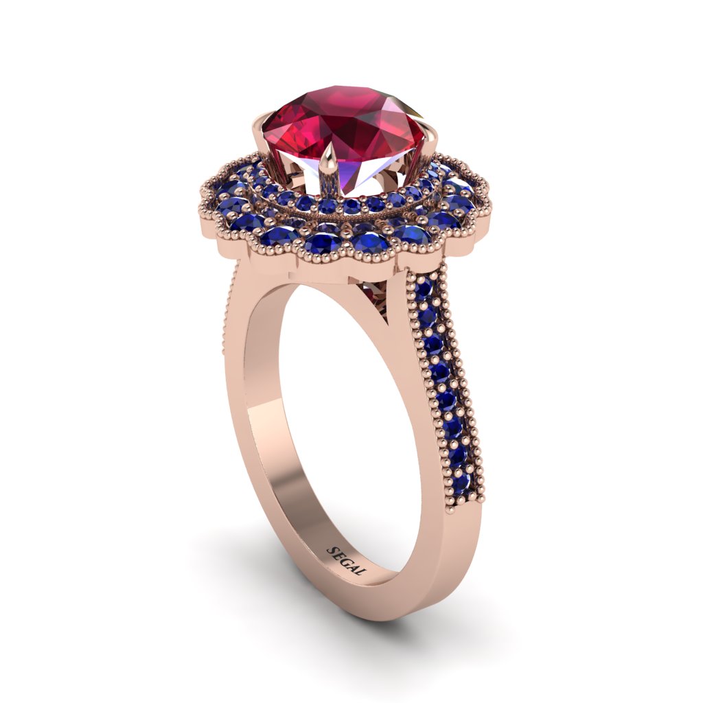 Sapphire Double Halo Cathedral Engagement Ring - Deirdre No. 71