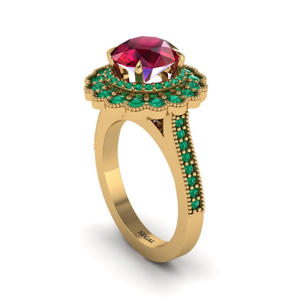 Emerald Double Halo Cathedral Engagement Ring - Deirdre No. 25