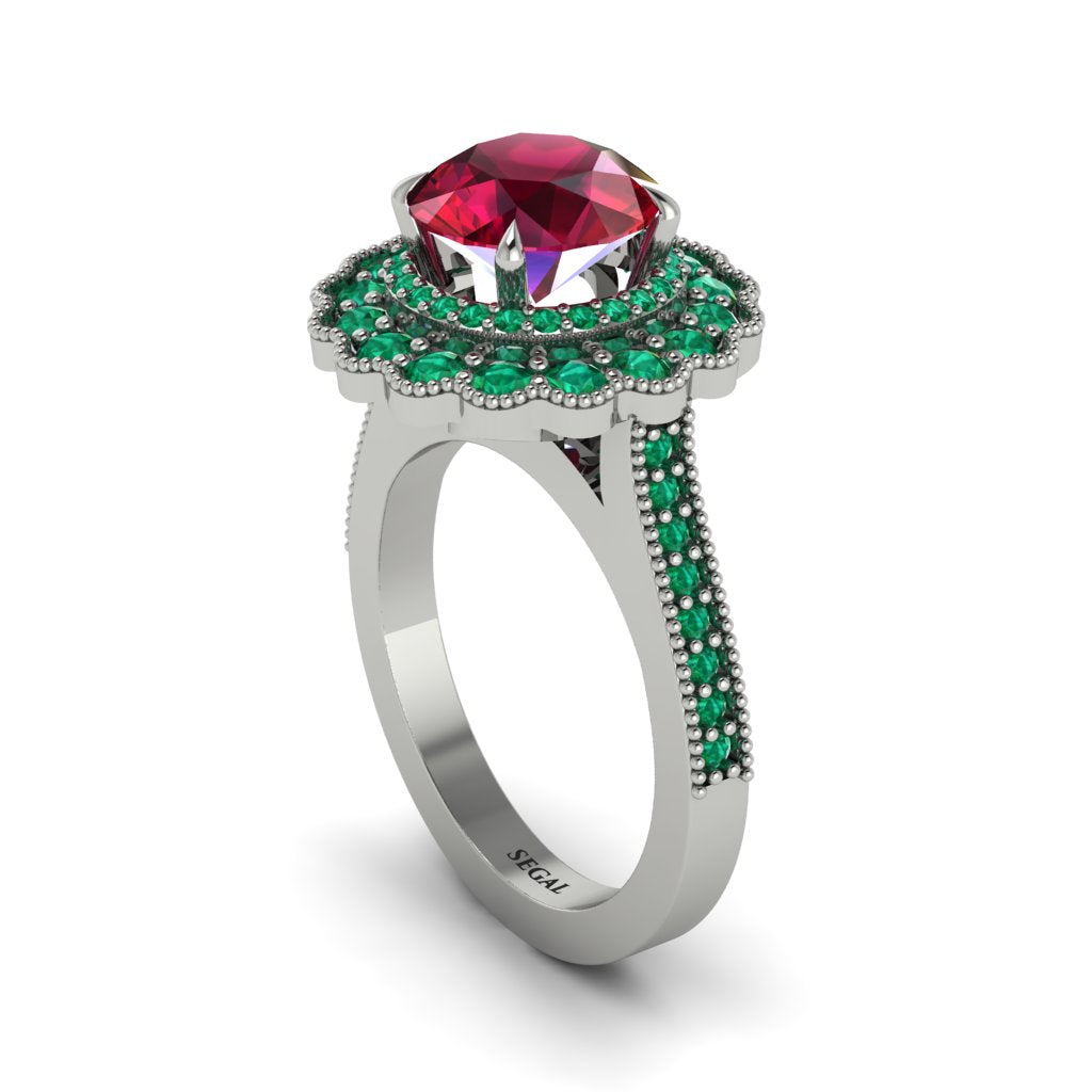 Emerald Double Halo Cathedral Engagement Ring - Deirdre No. 27