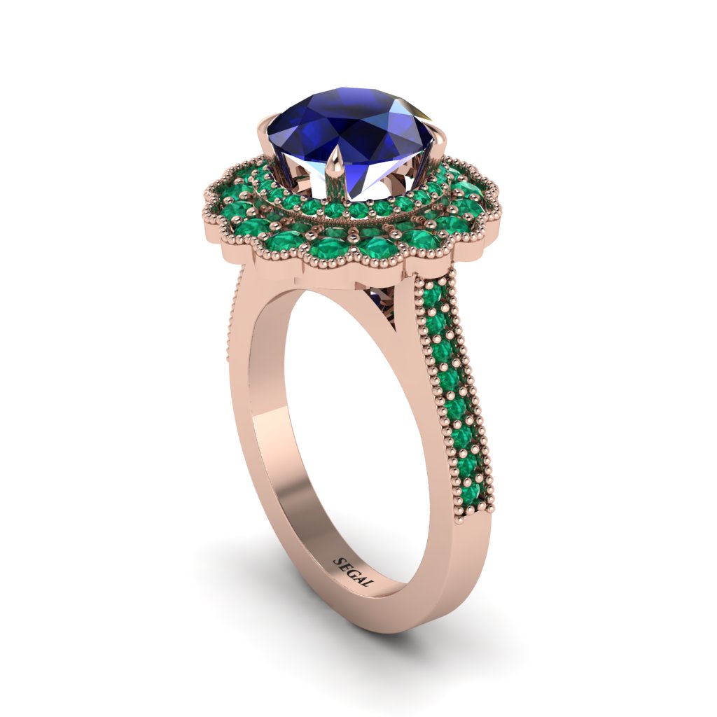 Emerald Double Halo Cathedral Engagement Ring - Deirdre No. 29