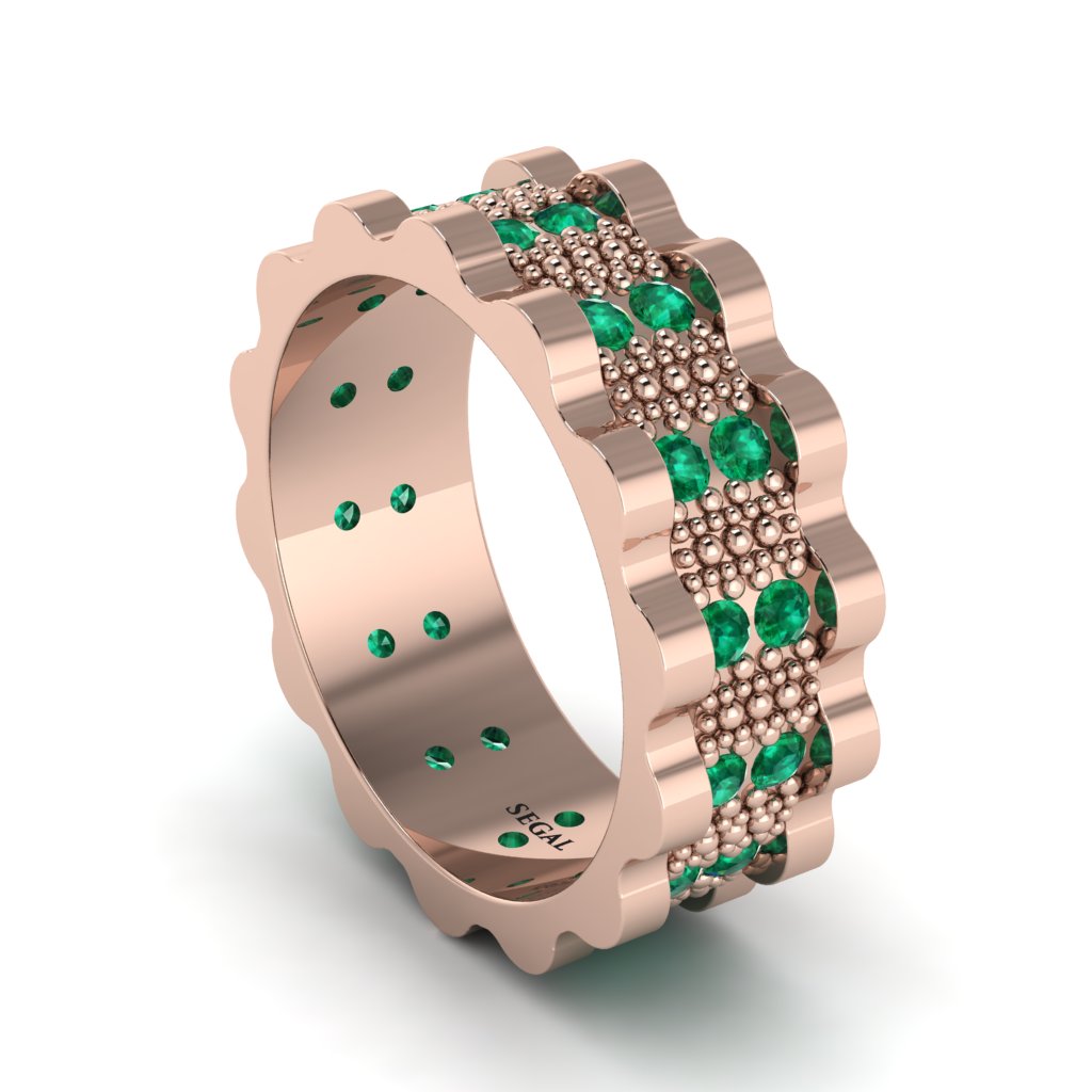 Emerald Wavy Gold Men's Wedding Ring - Joshua No. 5