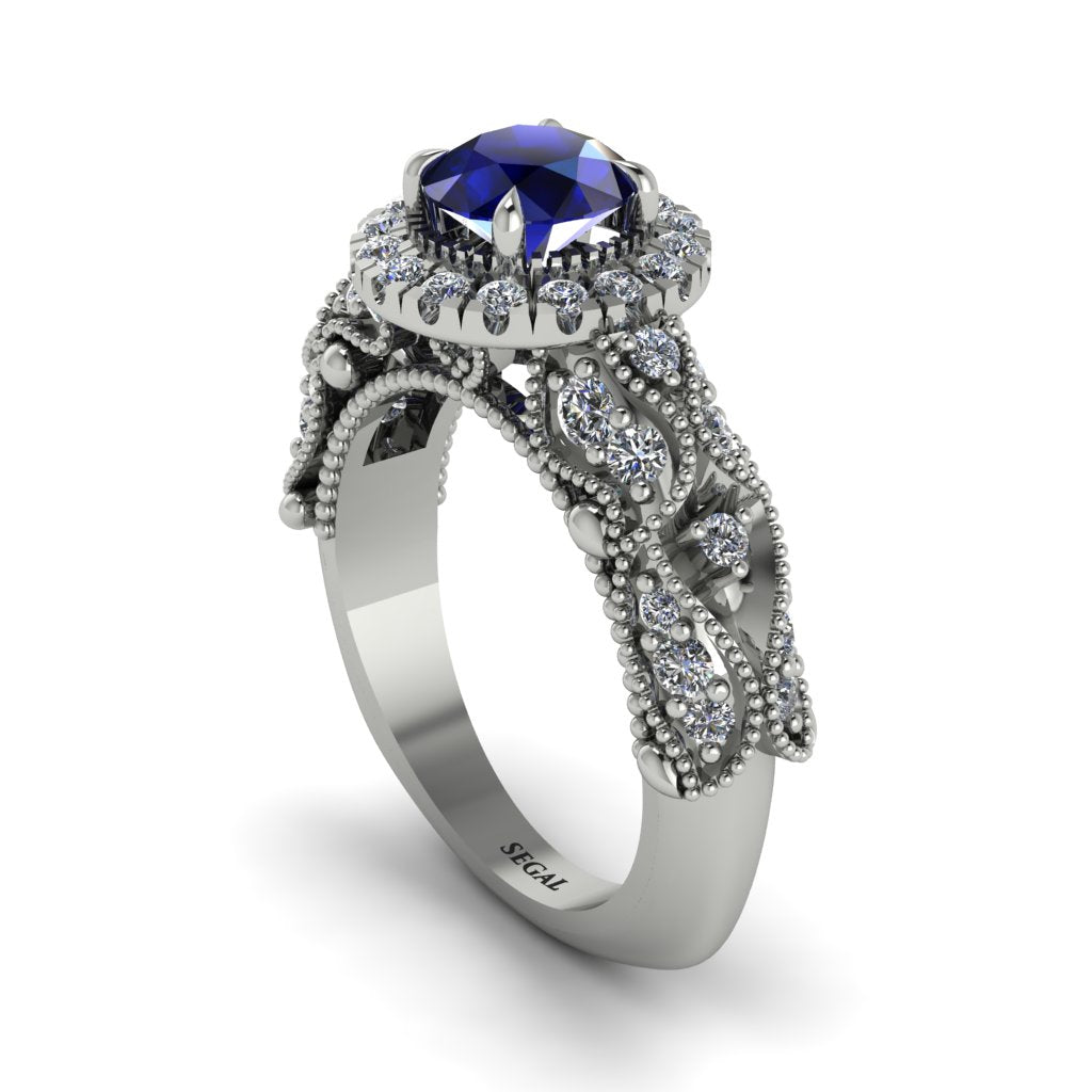 Exclusive Halo Sapphire Milgrain Engagement Ring - Kendra No. 15