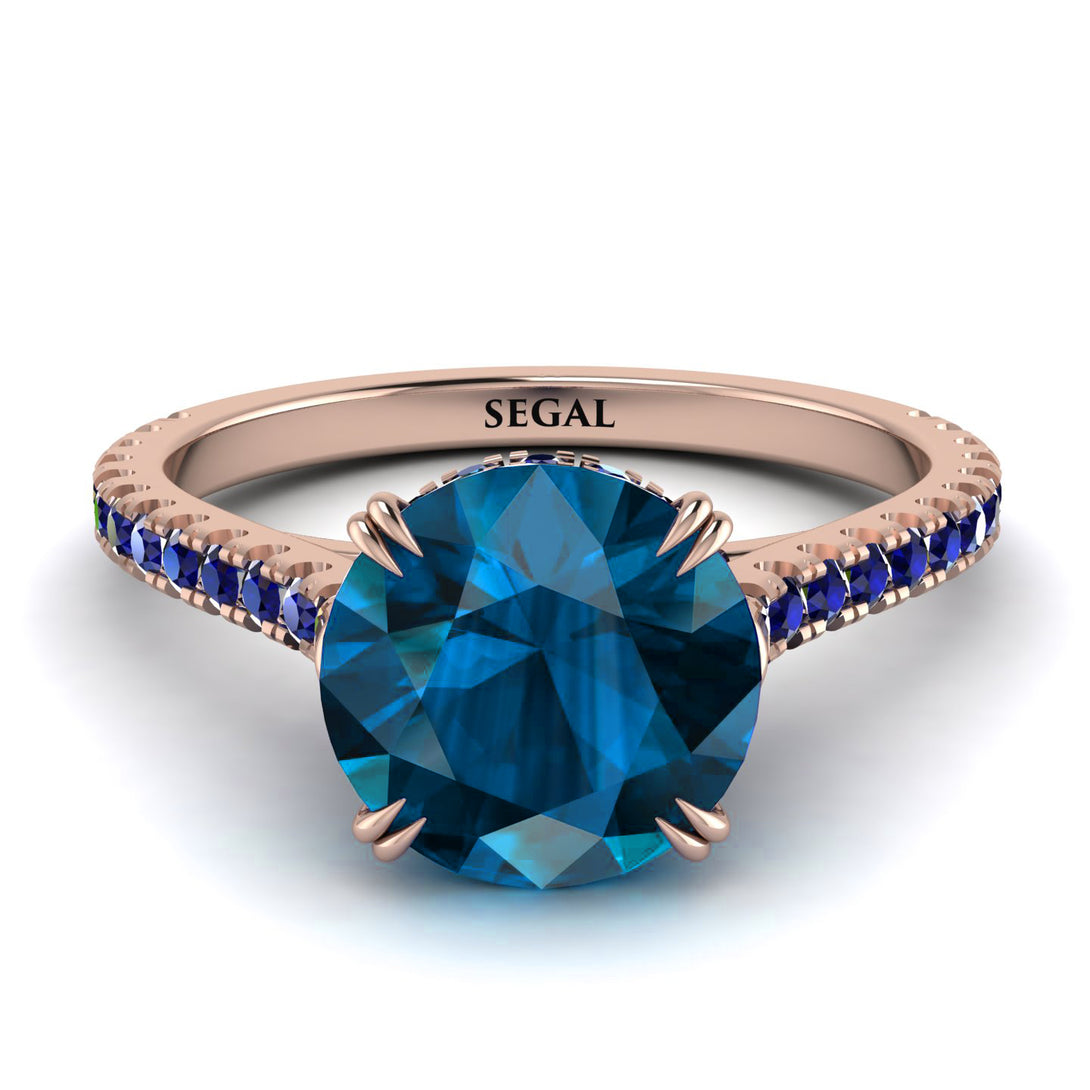 Hidden Diamond Double Cat Claw Prongs Blue Topaz Ring - Hazel No. 514