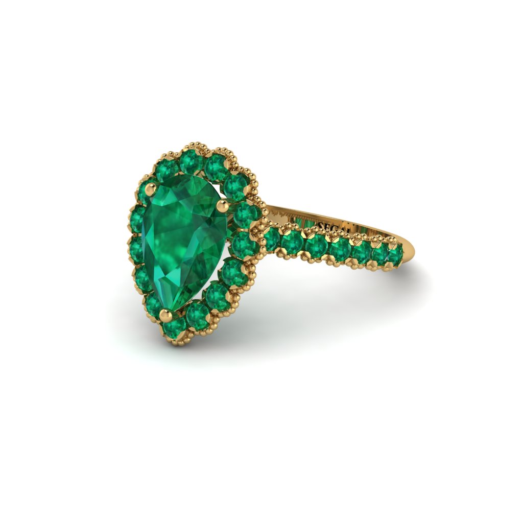 Halo Pear Emerald Pave Engagement Ring - Ingrid No. 19