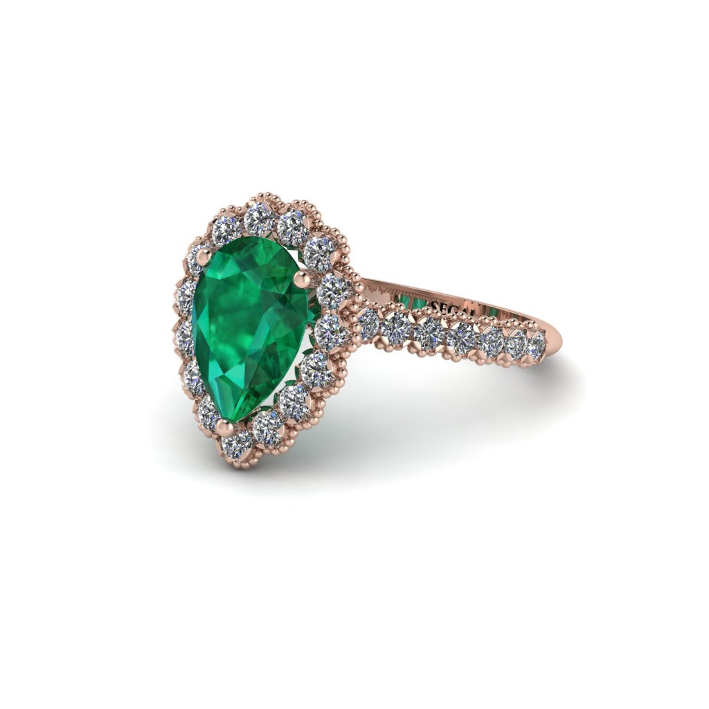 Halo Pear Emerald Pave Engagement Ring - Ingrid No. 5