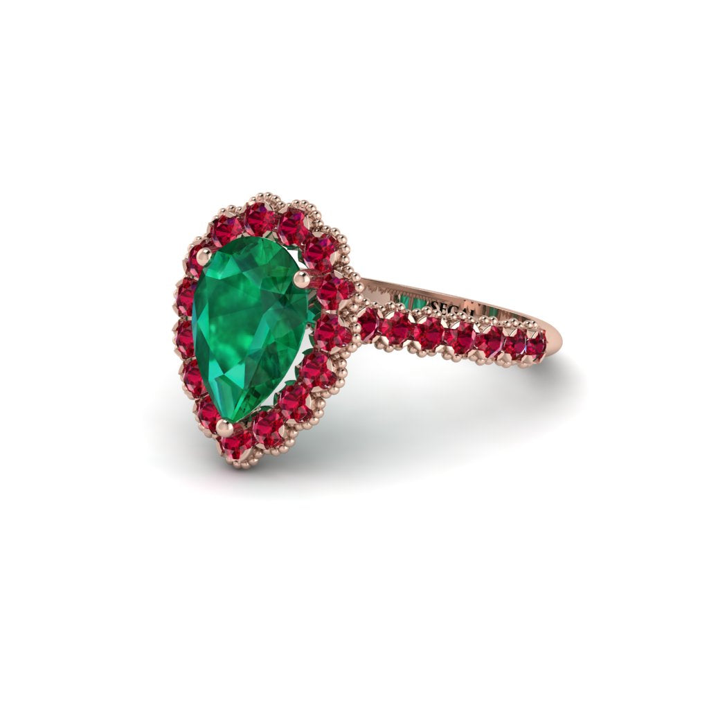 Halo Pear Emerald Pave Engagement Ring - Ingrid No. 50