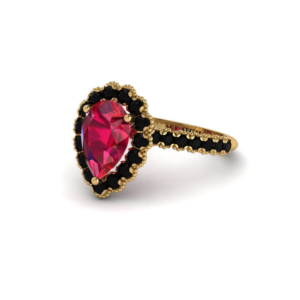 Halo Pear Ruby Pave Engagement Ring - Ingrid No. 40