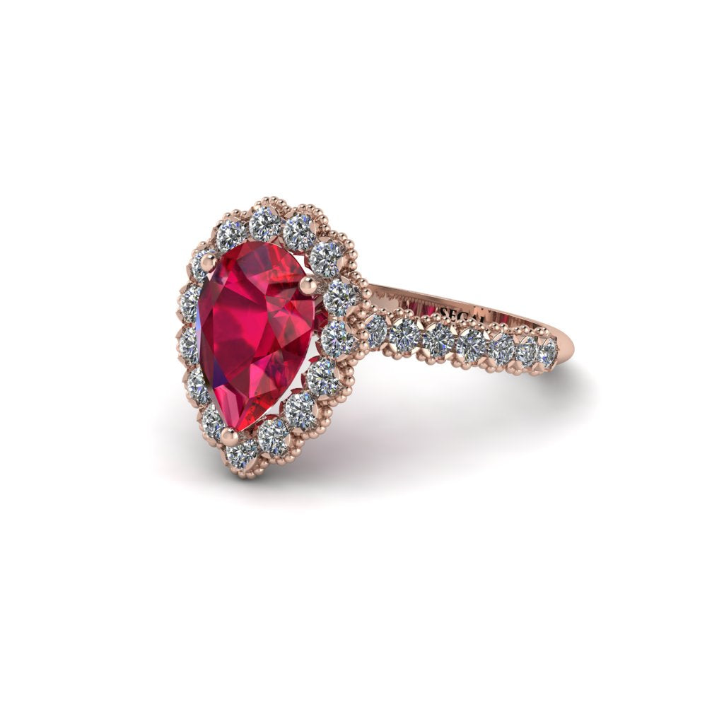 Halo Pear Ruby Pave Engagement Ring - Ingrid No. 11