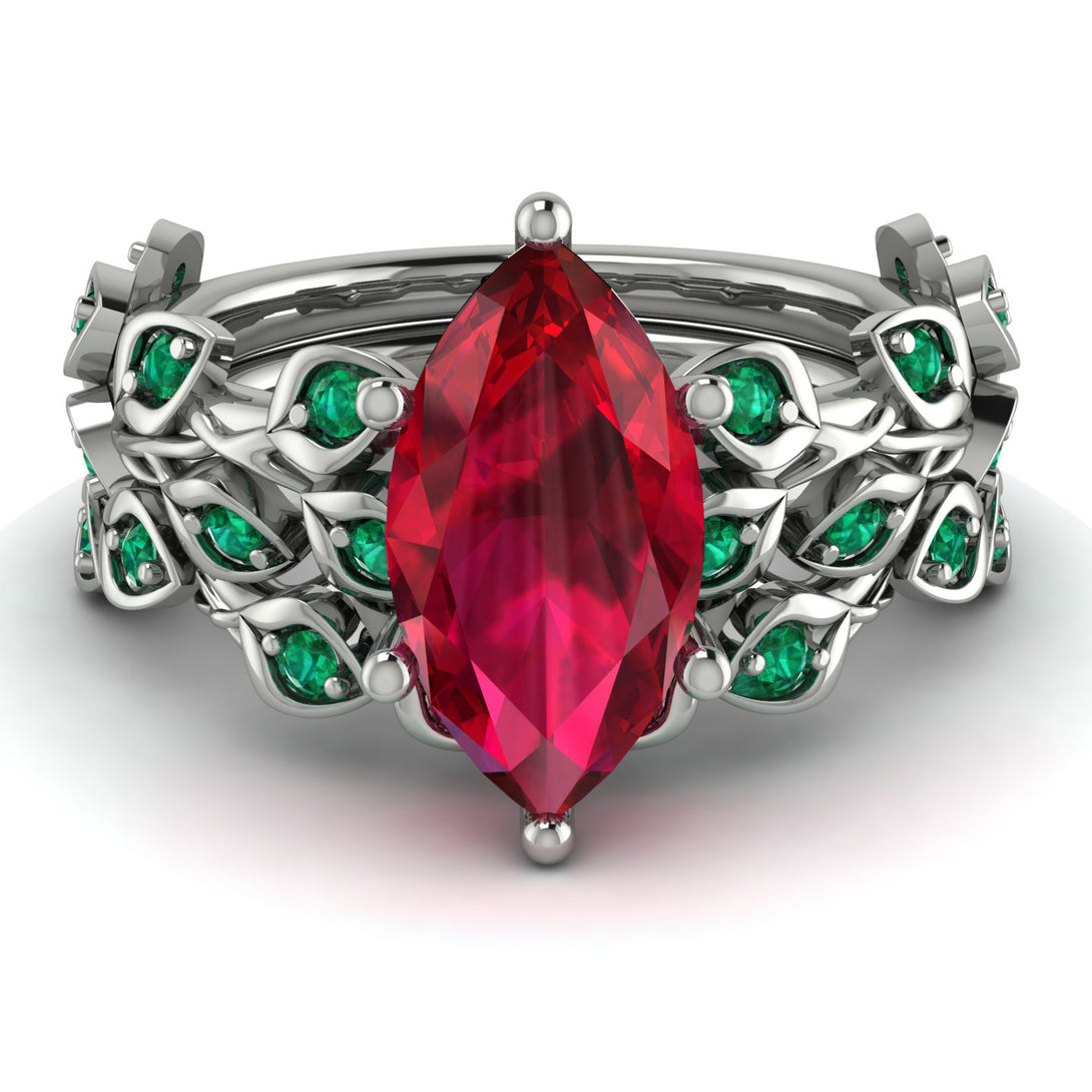 Marquise Ruby Golden Leaf Bridal Set - Julieta No. 27