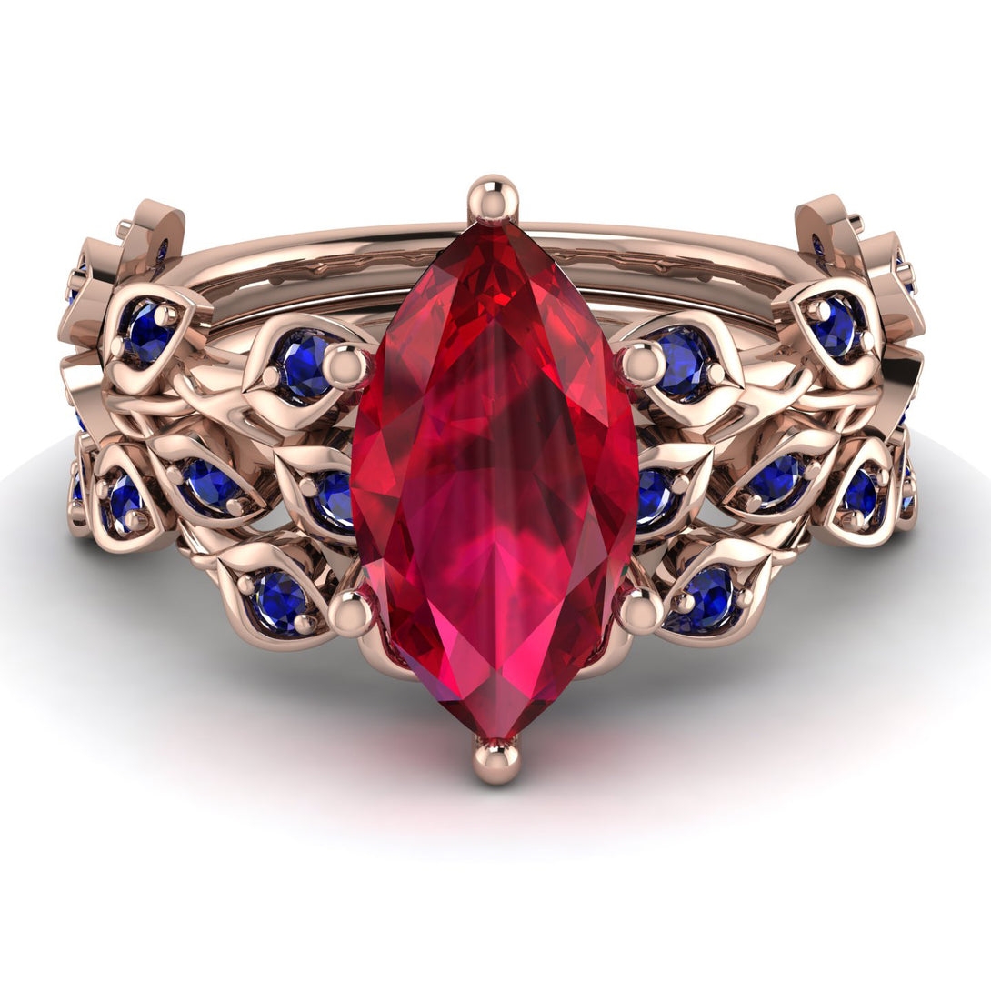 Marquise Ruby Golden Leaf Bridal Set - Julieta No. 71