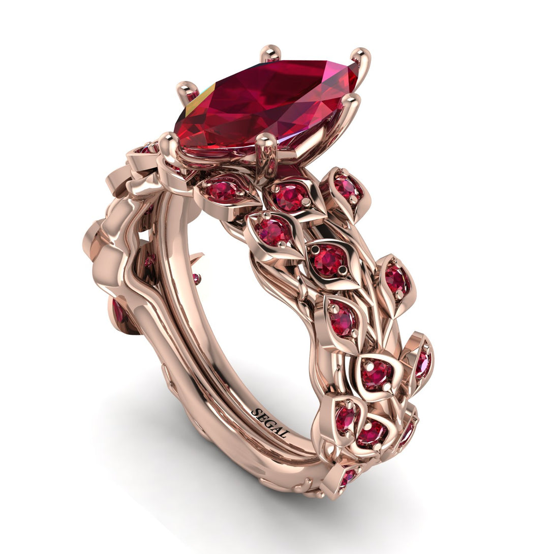 Marquise Ruby Golden Leaf Bridal Set - Julieta No. 56
