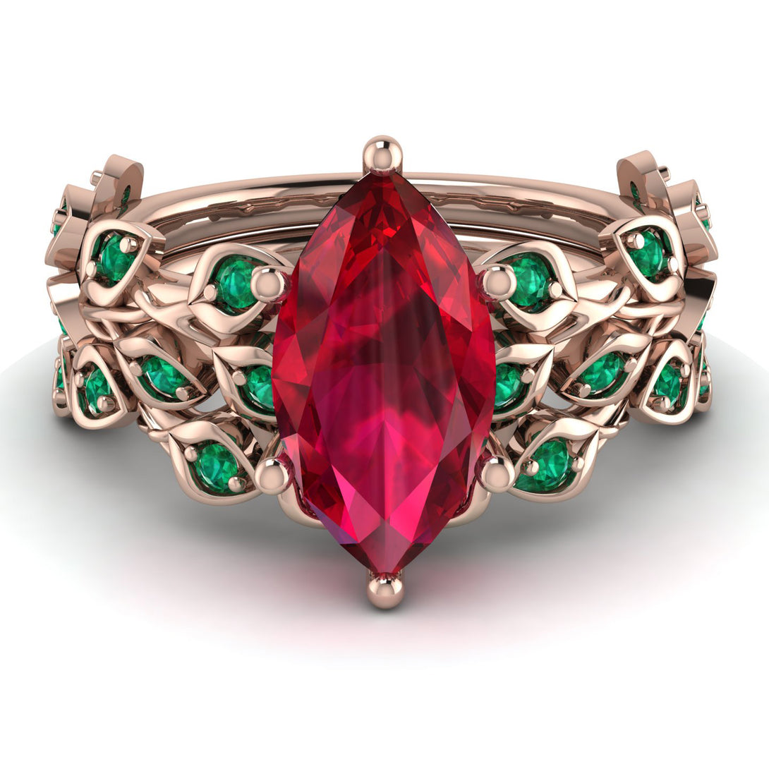 Marquise Ruby Golden Leaf Bridal Set - Julieta No. 26