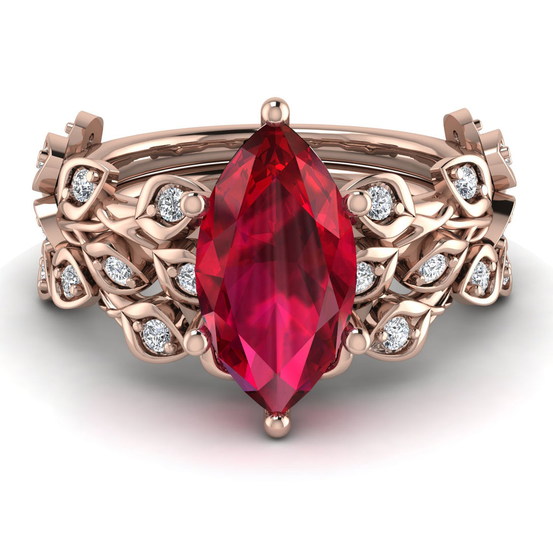 Marquise Ruby Golden Leaf Bridal Set - Julieta No. 11