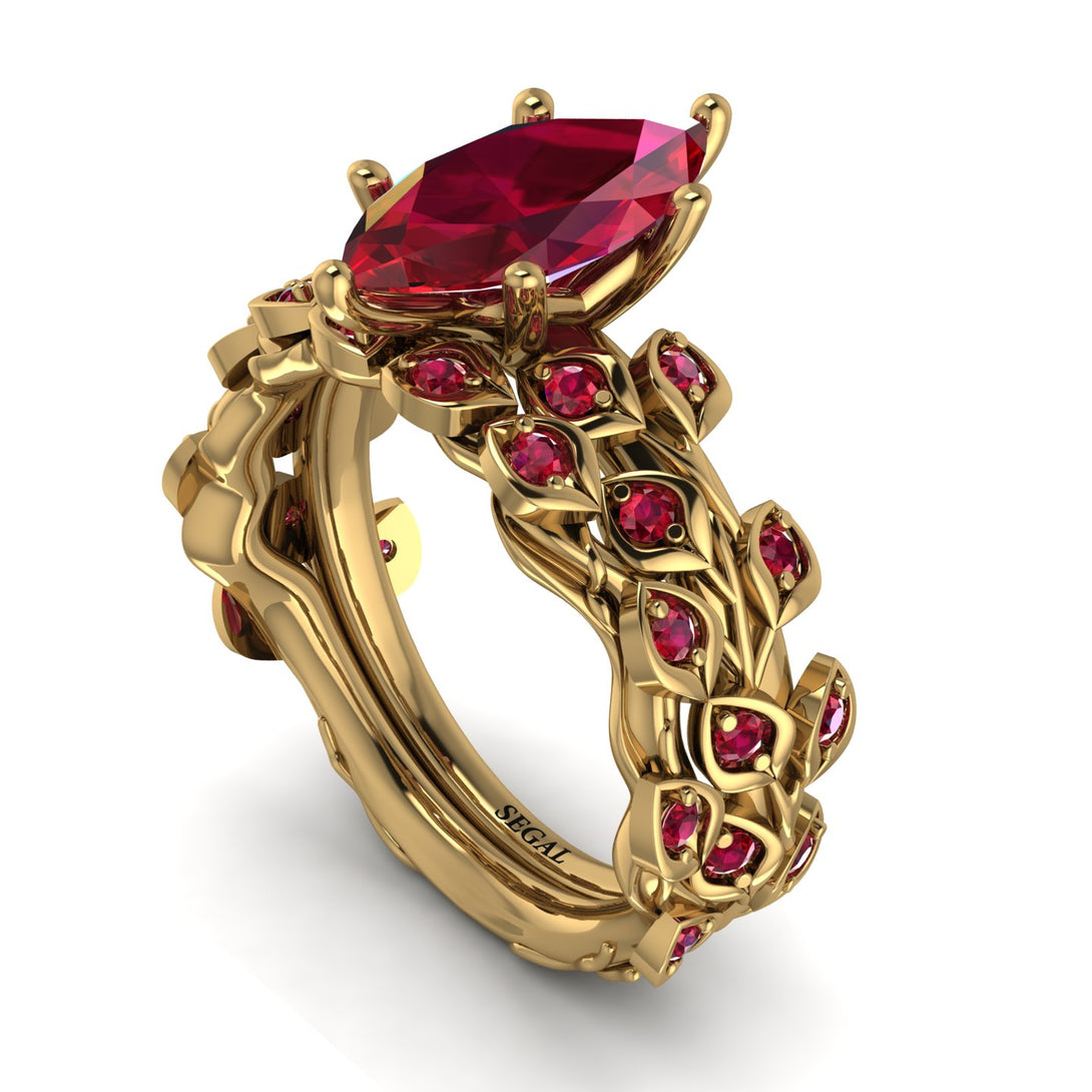 Marquise Ruby Golden Leaf Bridal Set - Julieta No. 55