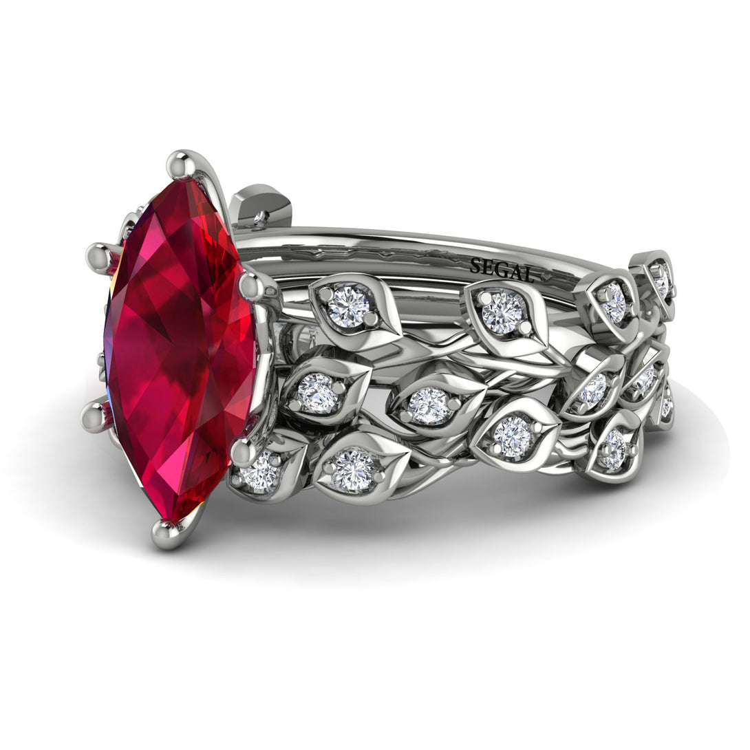 Marquise Ruby Golden Leaf Bridal Set - Julieta No. 12