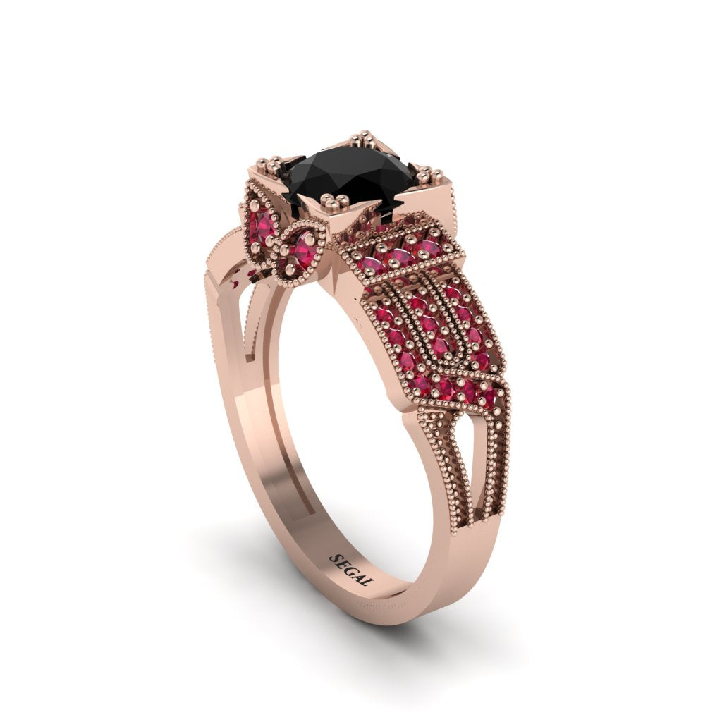 Black Diamond Milgrain Gold Engagement Ring - Lyric No. 53