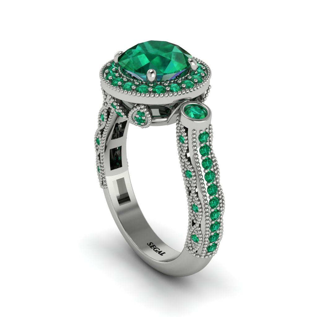 Milgrain Halo Pave Emerald Engagement Ring - Mabel No. 21