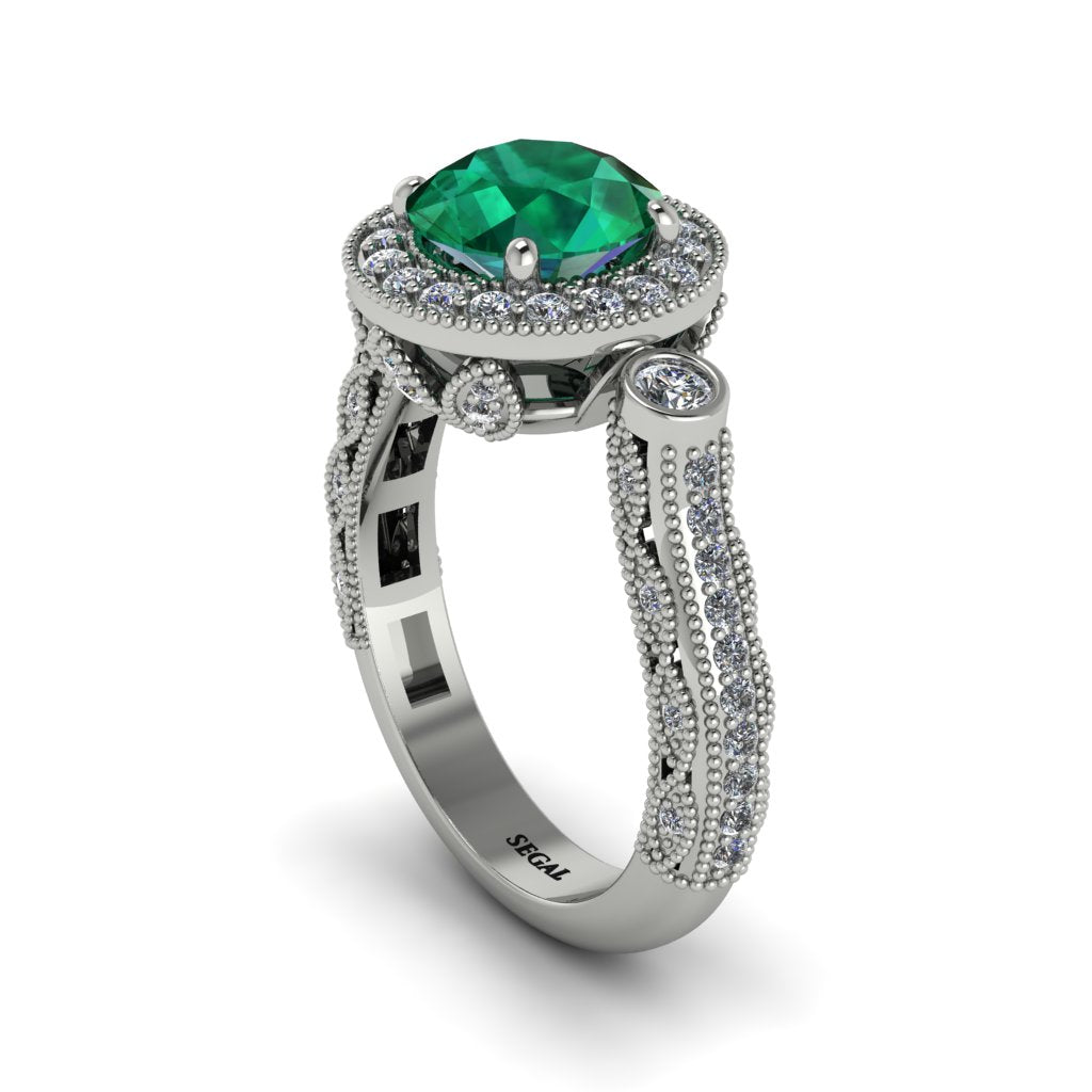 Milgrain Halo Pave Emerald Engagement Ring - Mabel No. 6