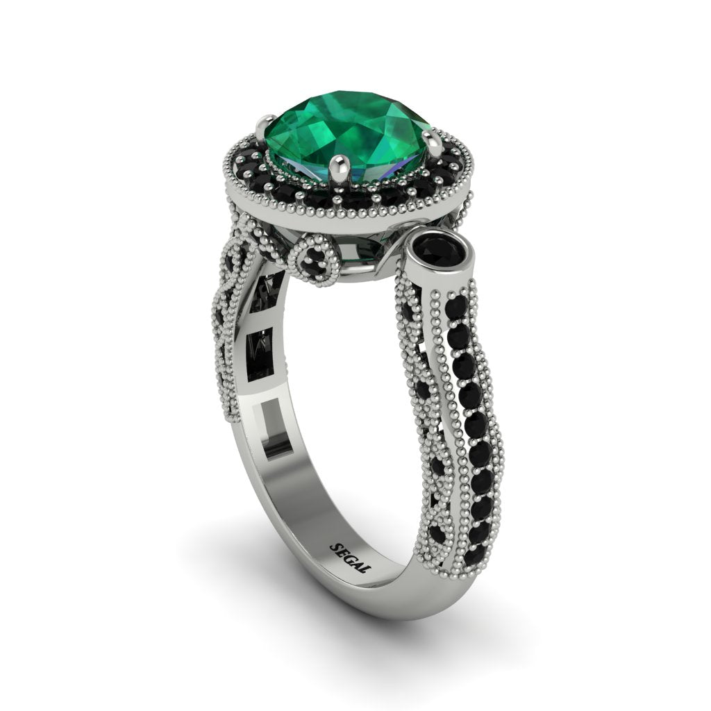 Milgrain Halo Pave Emerald Engagement Ring - Mabel No. 36