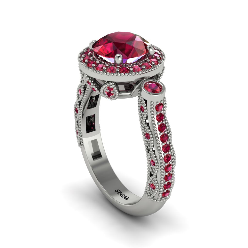 Milgrain Halo Pave Ruby Engagement Ring - Mabel No. 57