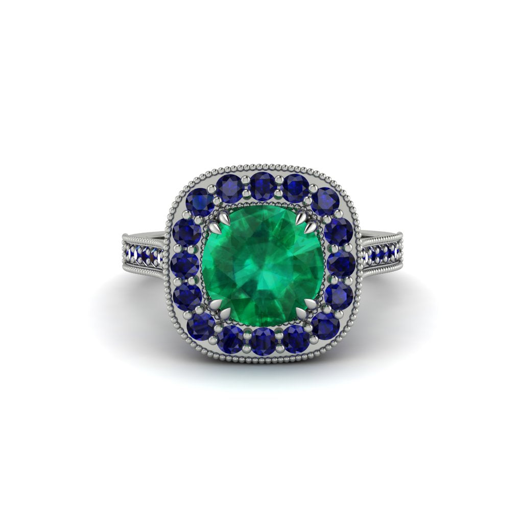 Milgrain Halo Round Emerald Engagement Ring - Odette No. 66