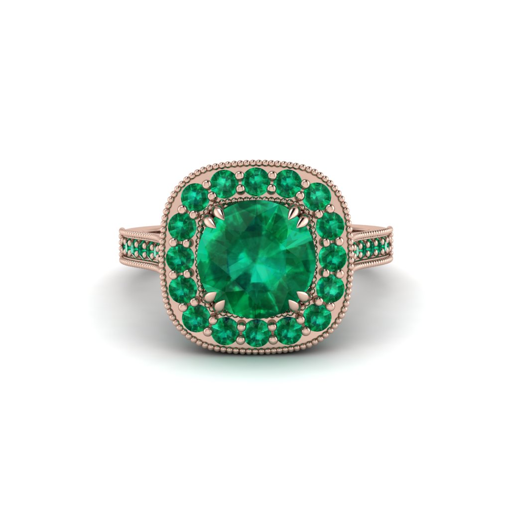 Milgrain Halo Round Emerald Engagement Ring - Odette No. 20