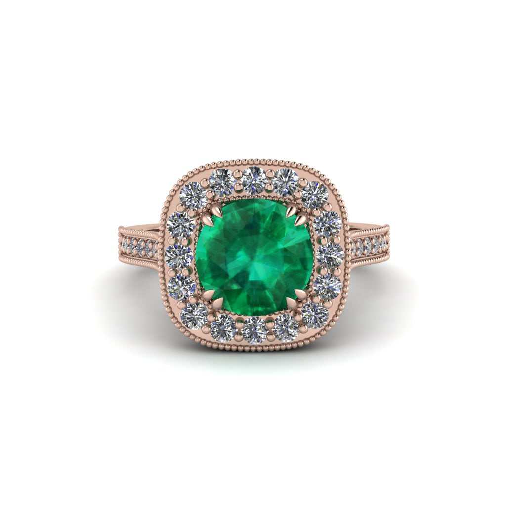 Milgrain Halo Round Emerald Engagement Ring - Odette No. 5
