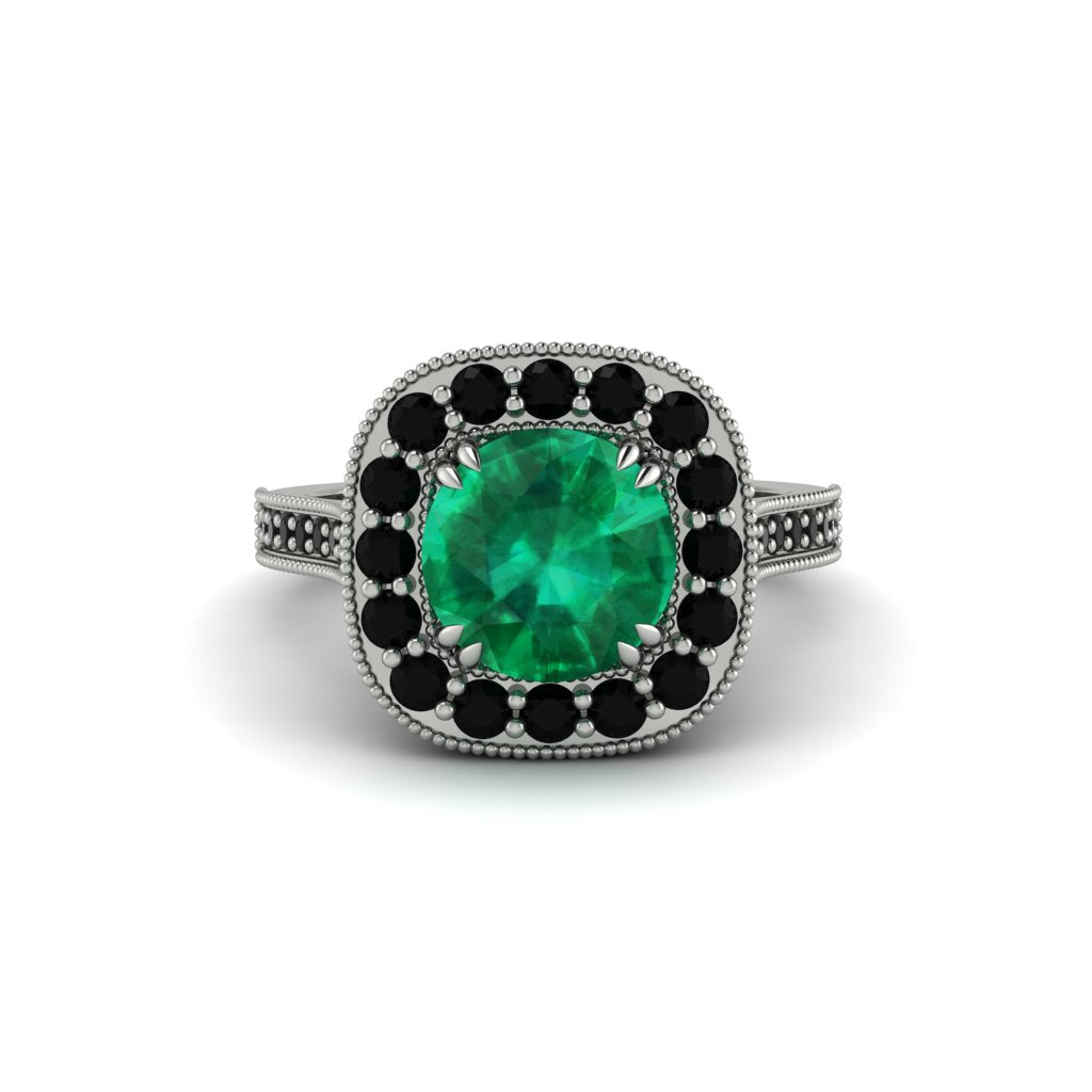 Milgrain Halo Round Emerald Engagement Ring - Odette No. 36