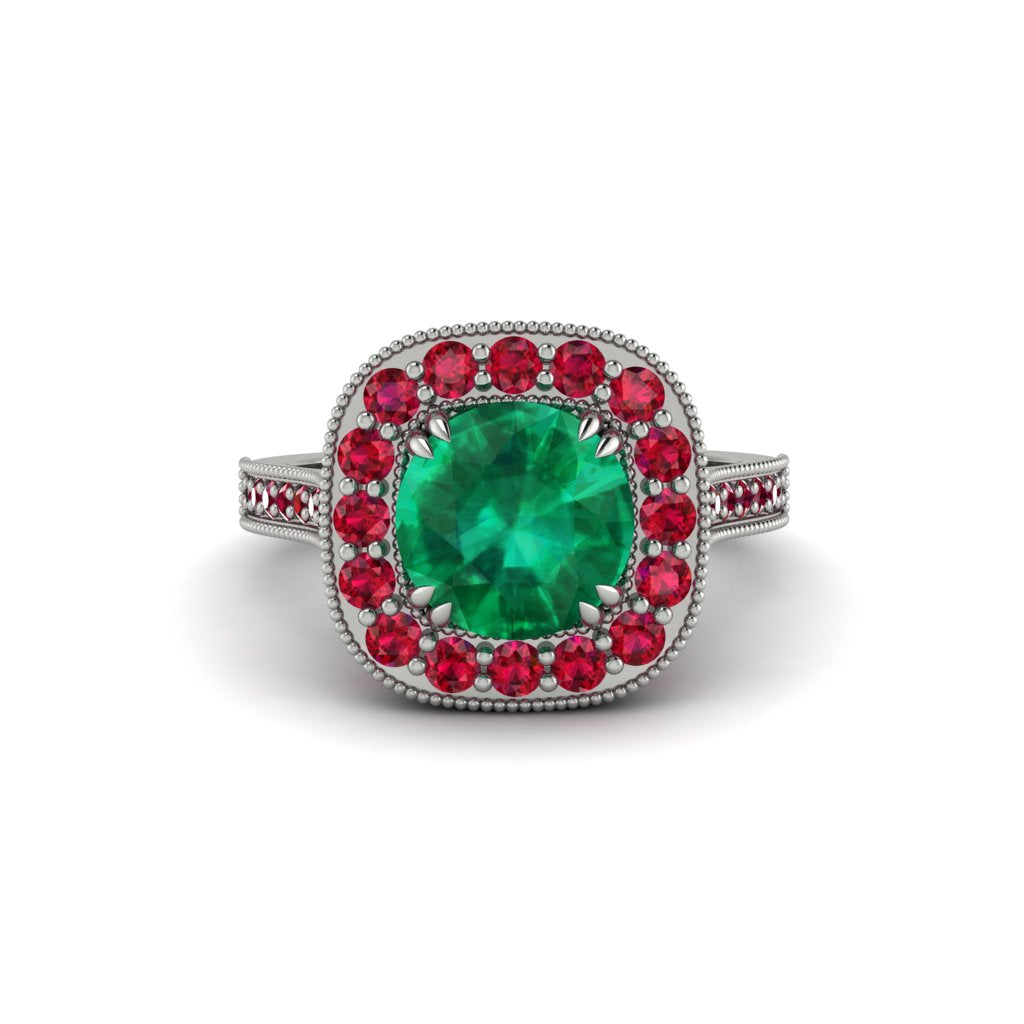 Milgrain Halo Round Emerald Engagement Ring - Odette No. 51