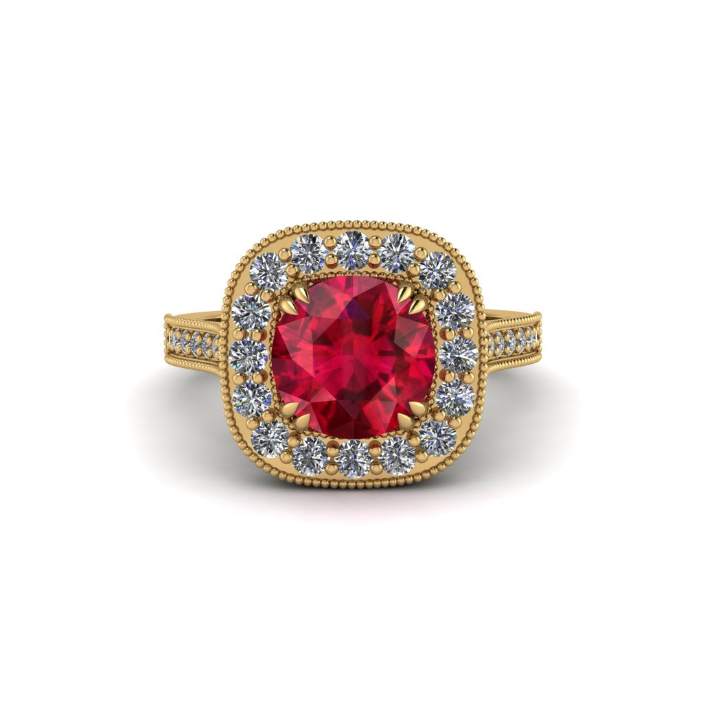 Milgrain Halo Round Ruby Engagement Ring - Odette No. 10