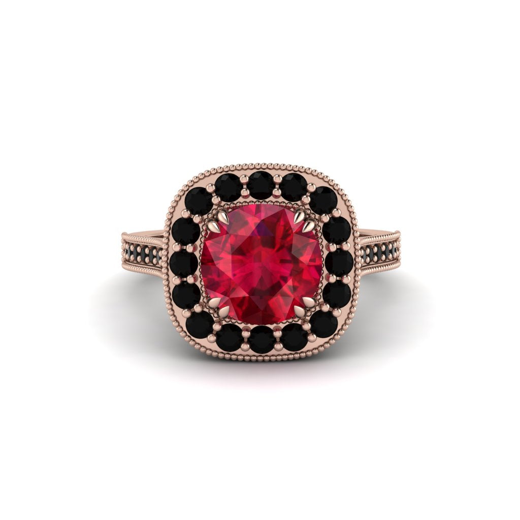 Milgrain Halo Round Ruby Engagement Ring - Odette No. 41