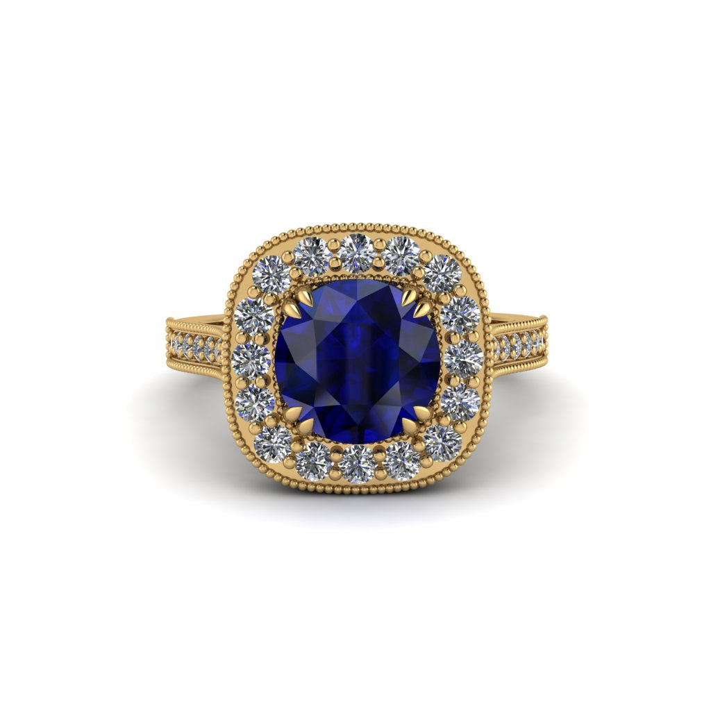 Milgrain Halo Round Sapphire Engagement Ring - Odette No. 13