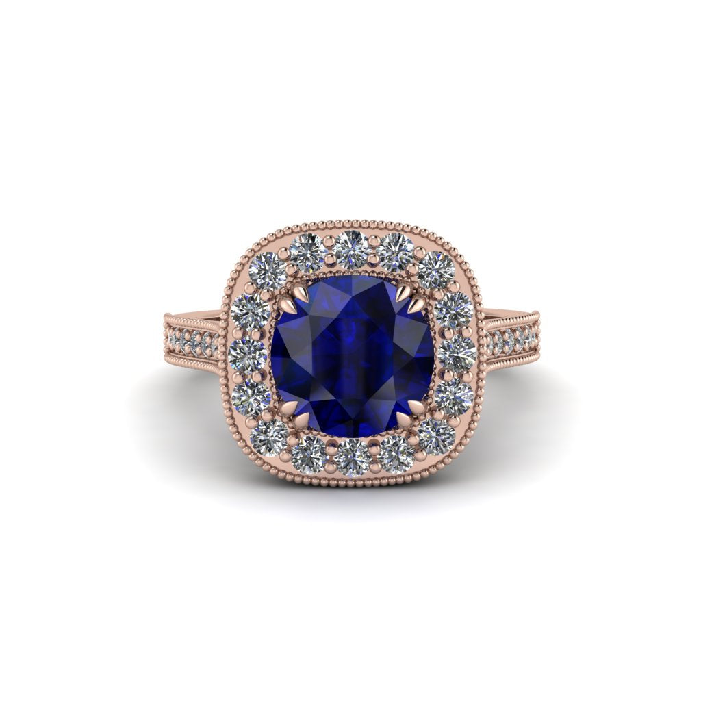 Milgrain Halo Round Sapphire Engagement Ring - Odette No. 14