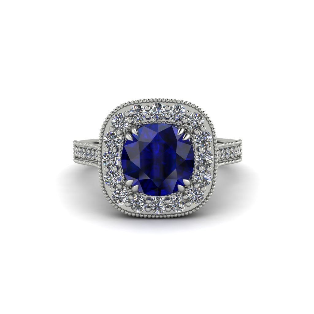 Milgrain Halo Round Sapphire Engagement Ring - Odette No. 15