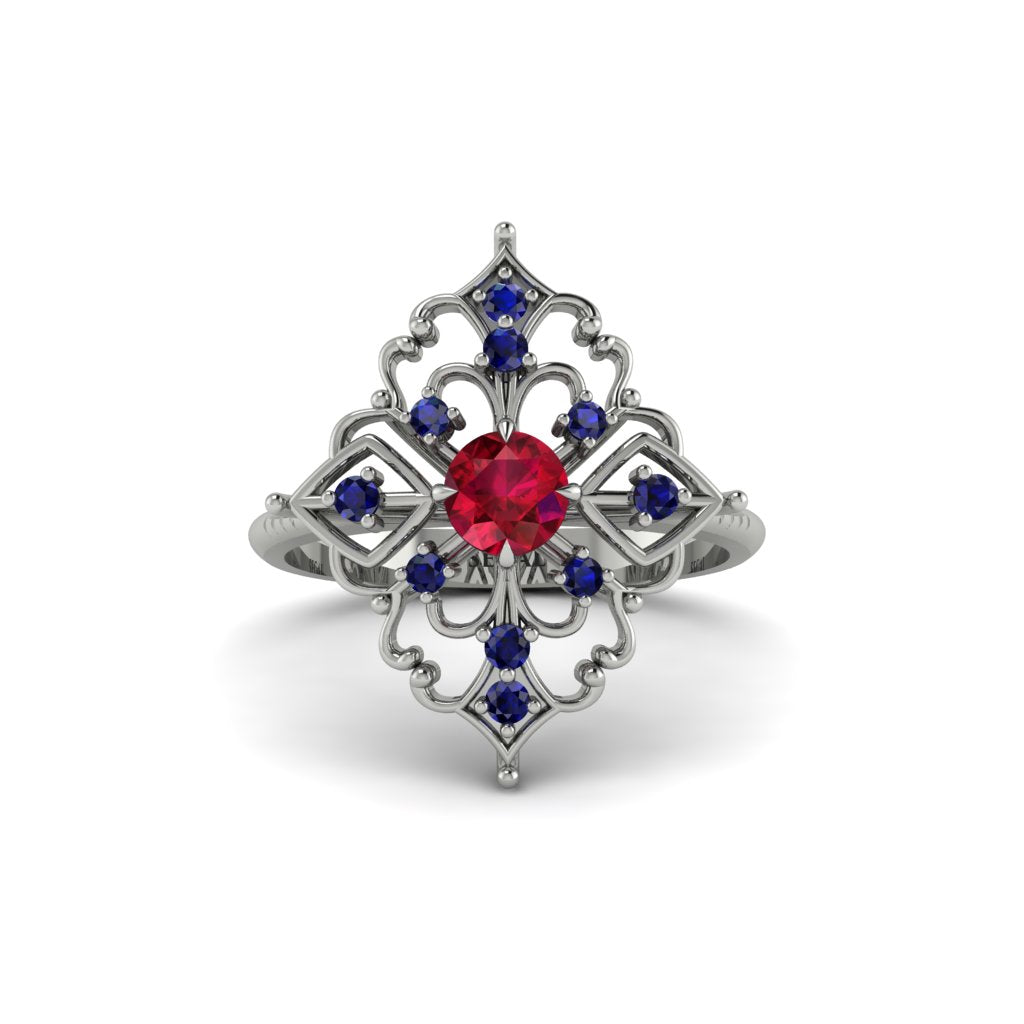 Sapphire Royal Filigree Cluster Engagement Ring - Zinnia No. 72