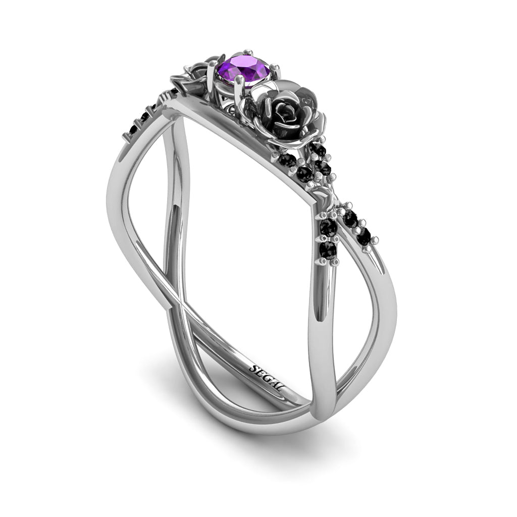 Amethyst Rose Engagement ring 14K White Gold Thin Elegant Flower Ring with Black Damonds - Stella no. 300