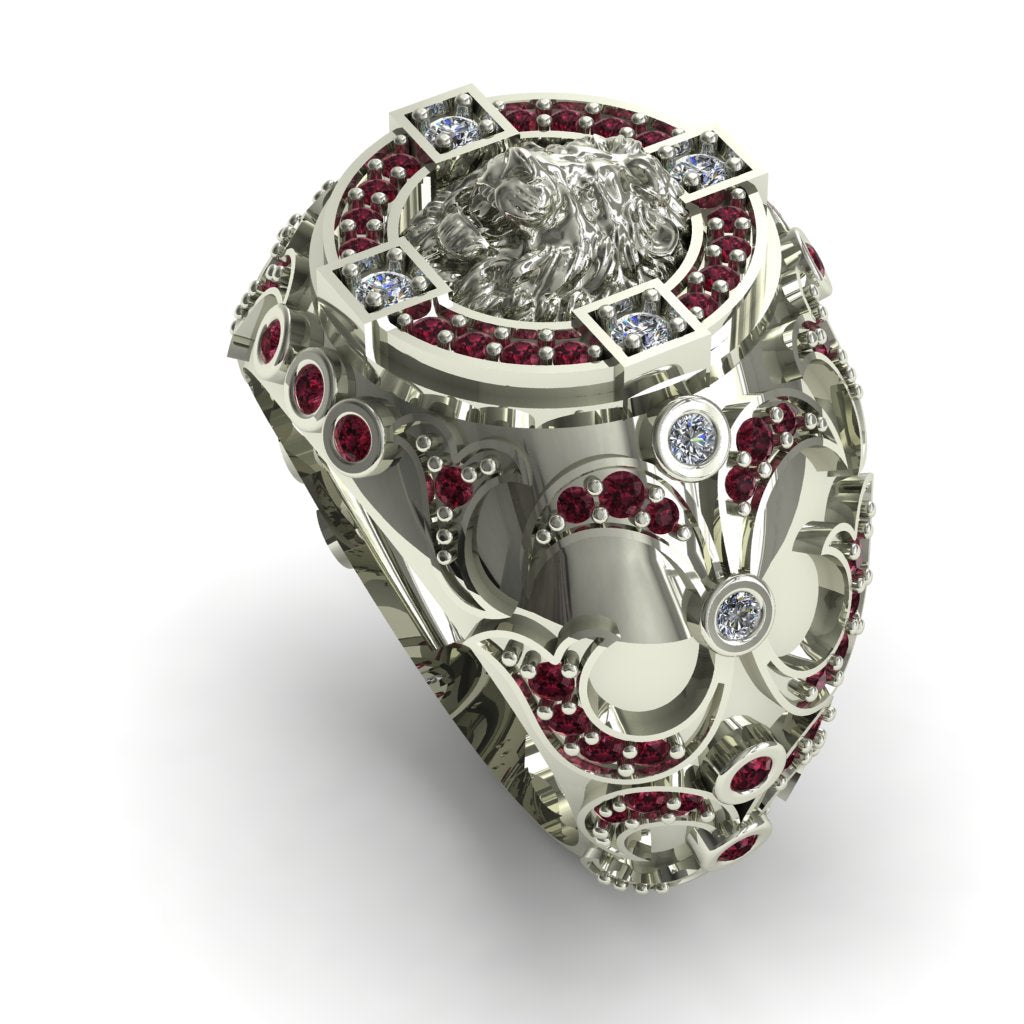 Custom Diamond & Granet Royal Lion Men Signet Ring - Terry No. 300