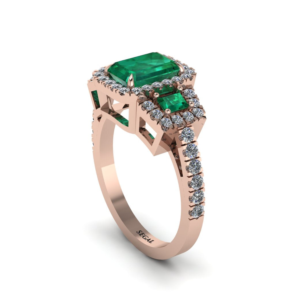 Emerald Three Halo Radiance Engagement Ring - Emely No. 5