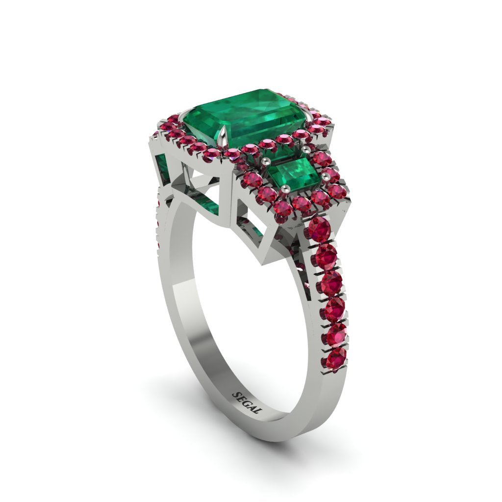 Emerald Three Halo Radiance Engagement Ring - Emely No. 51