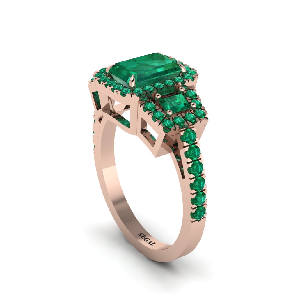 Emerald Three Halo Radiance Engagement Ring - Emely No. 20