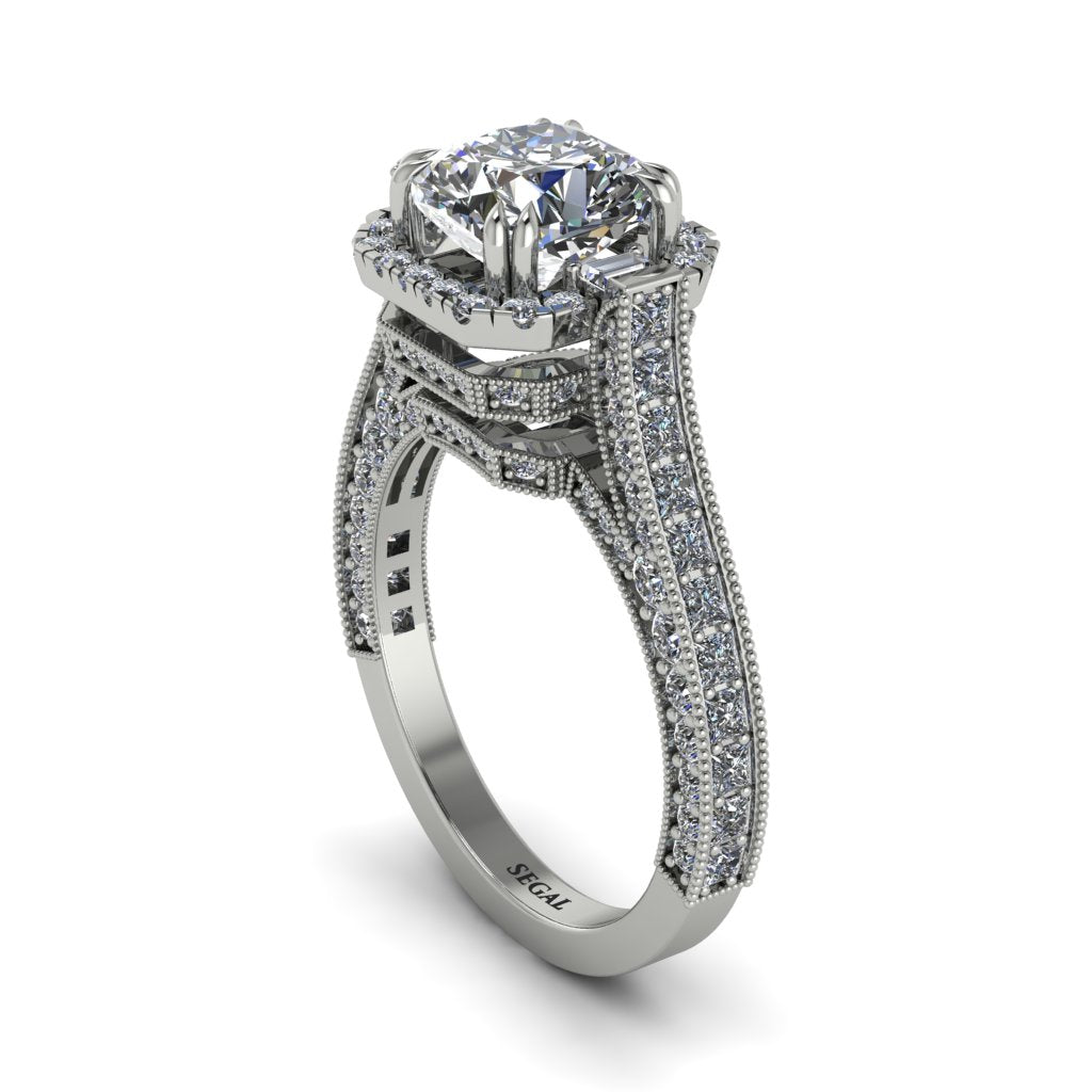 Diamond Three Halo Milgrain Engagement Ring - Mira No. 3