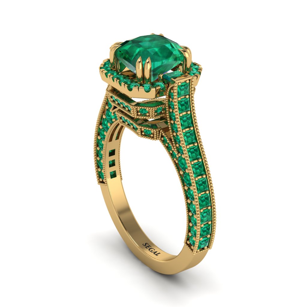 Emerald Three Halo Milgrain Engagement Ring - Mira No. 19