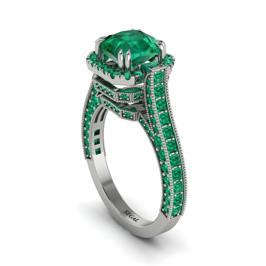 Emerald Three Halo Milgrain Engagement Ring - Mira No. 21