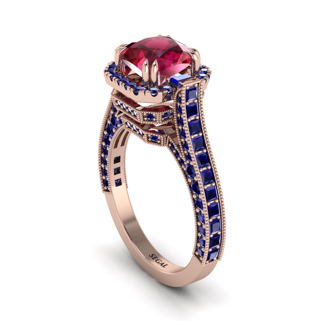 Ruby Three Halo Milgrain Engagement Ring - Mira No. 71