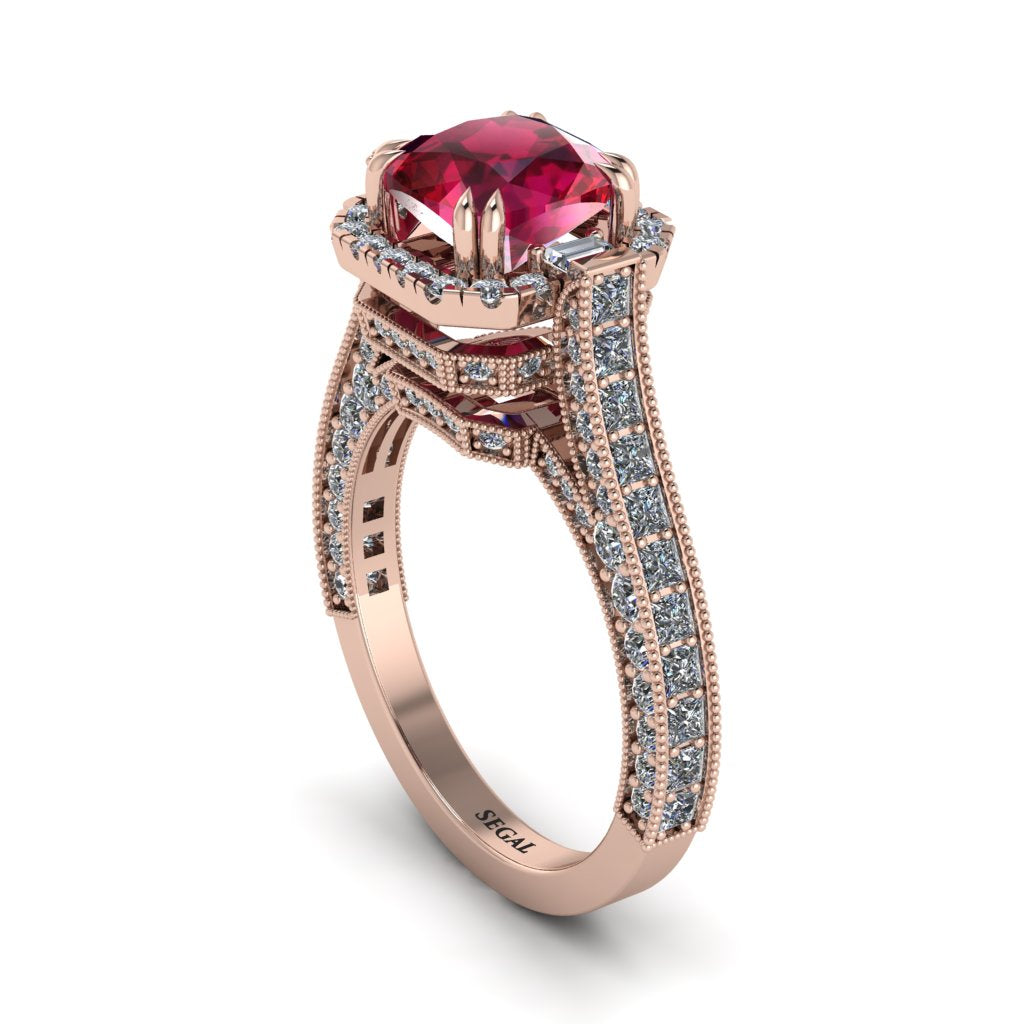 Ruby Three Halo Milgrain Engagement Ring - Mira No. 11