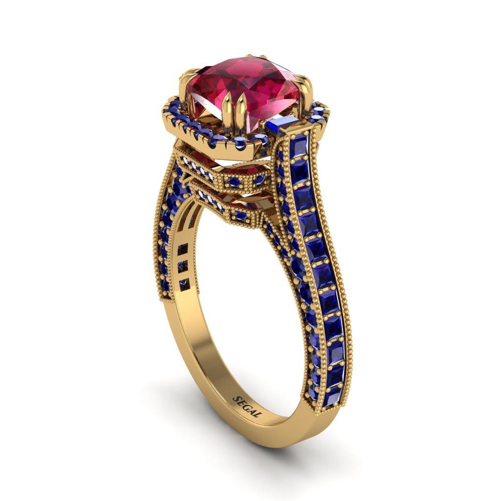Ruby Three Halo Milgrain Engagement Ring - Mira No. 70