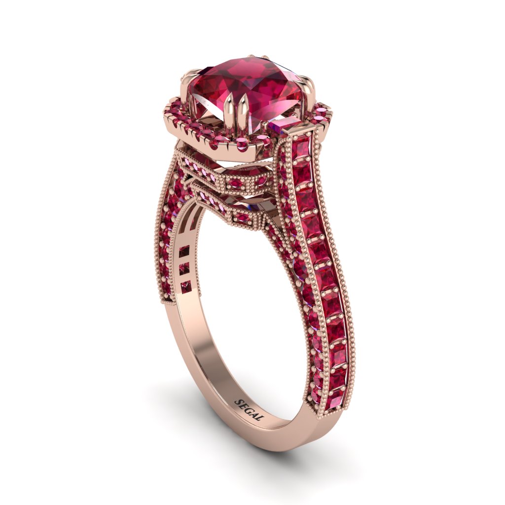 Ruby Three Halo Milgrain Engagement Ring - Mira No. 56