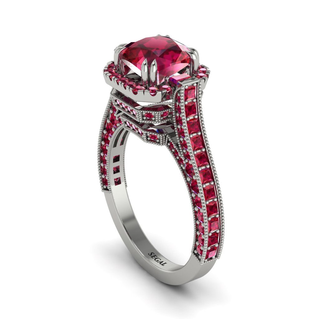 Ruby Three Halo Milgrain Engagement Ring - Mira No. 57