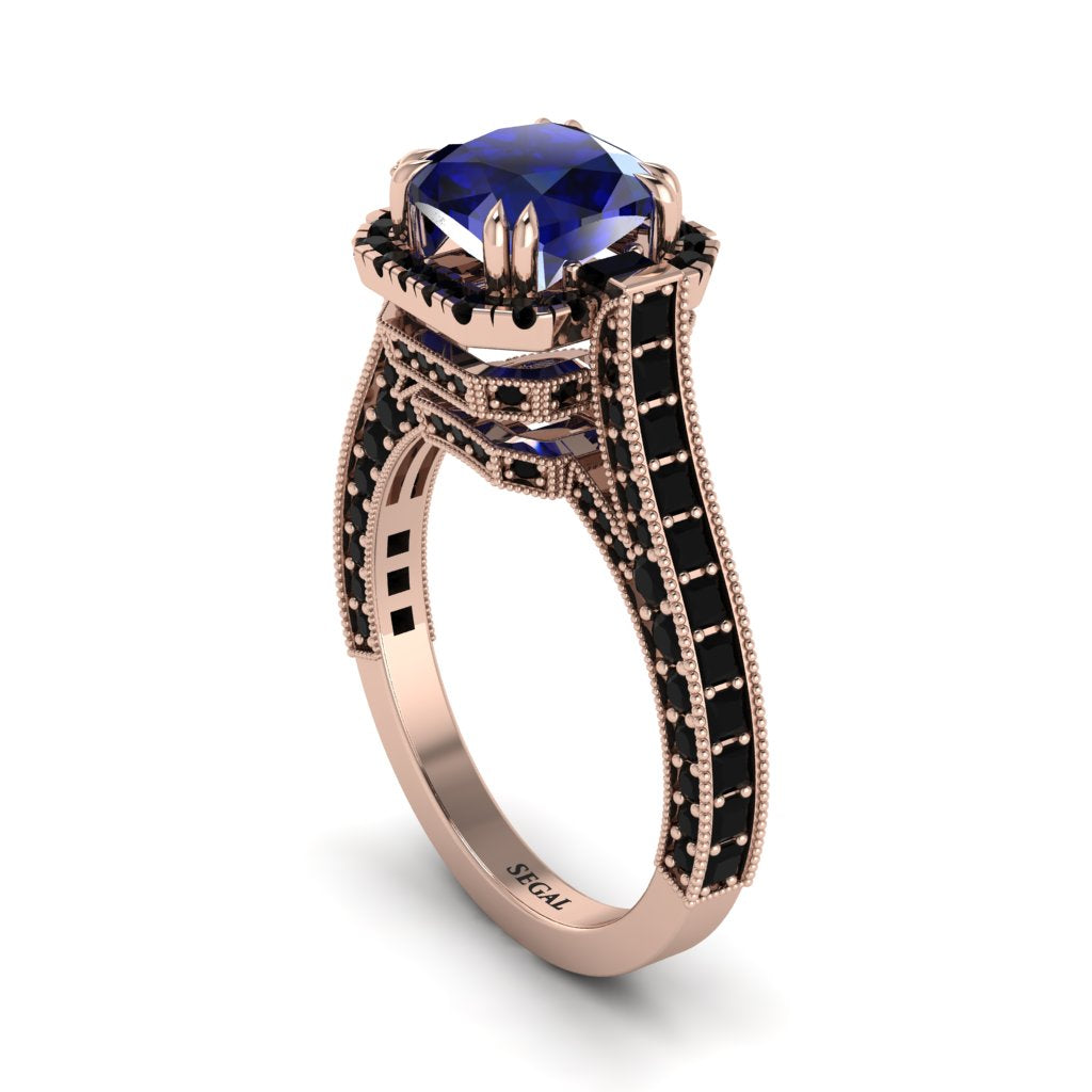 Sapphire Three Halo Milgrain Engagement Ring - Mira No. 44